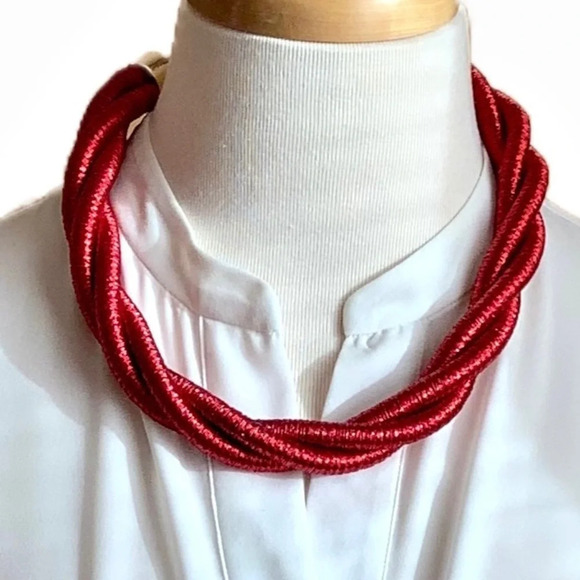 VINTAGE Red Twisted Rope Choker Statement Necklace - Picture 1 of 9